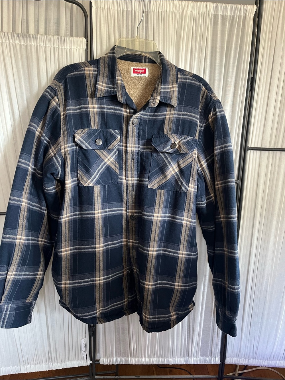 Wrangler Men’s Fleece Lined Flannel Shirt Jacket Navy/Tan Plaid - M